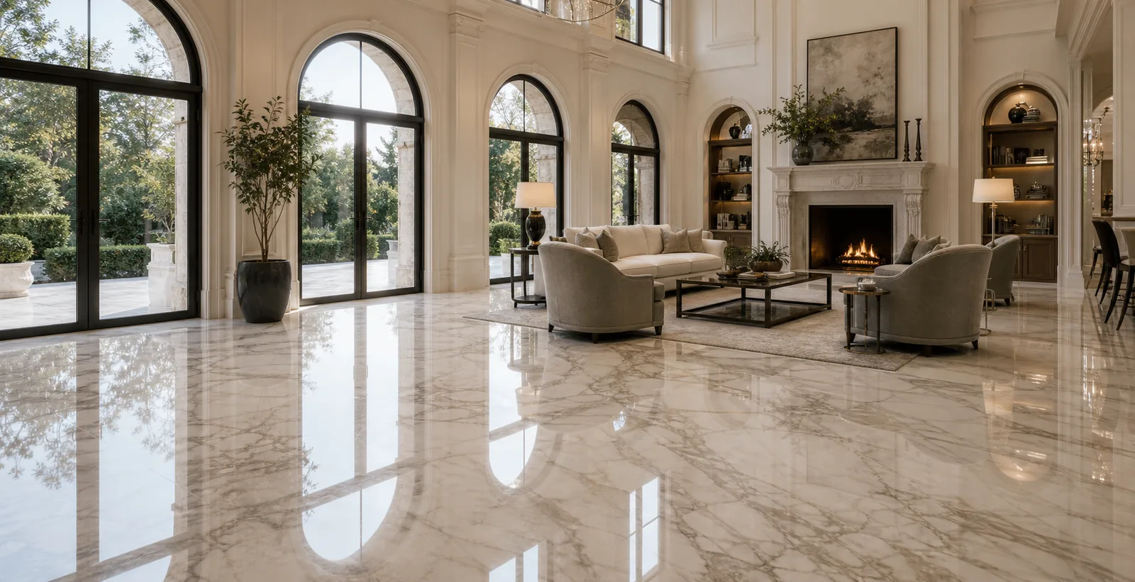 Grand great room with large-format polished marble flooring