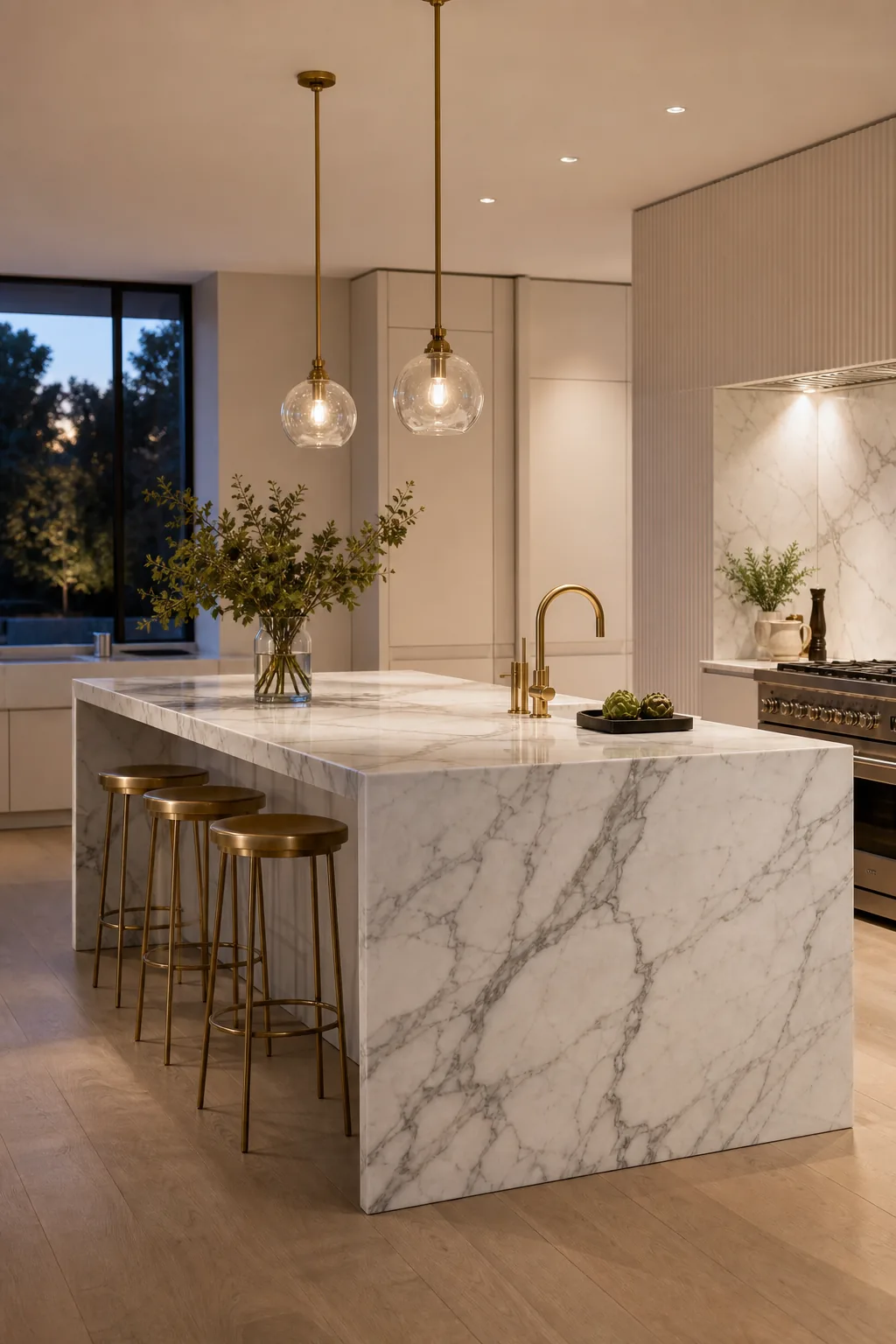 Waterfall-edge white stone kitchen island with brass barstools