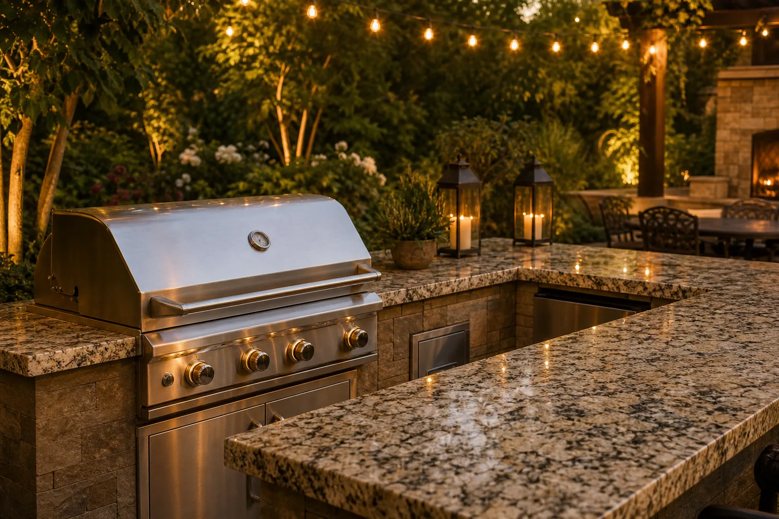 Outdoor kitchen with granite countertop and built-in grill