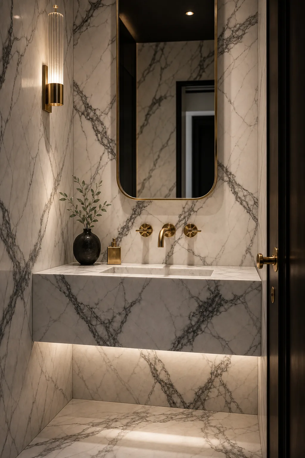 Powder room with Statuario marble walls and a floating stone vanity