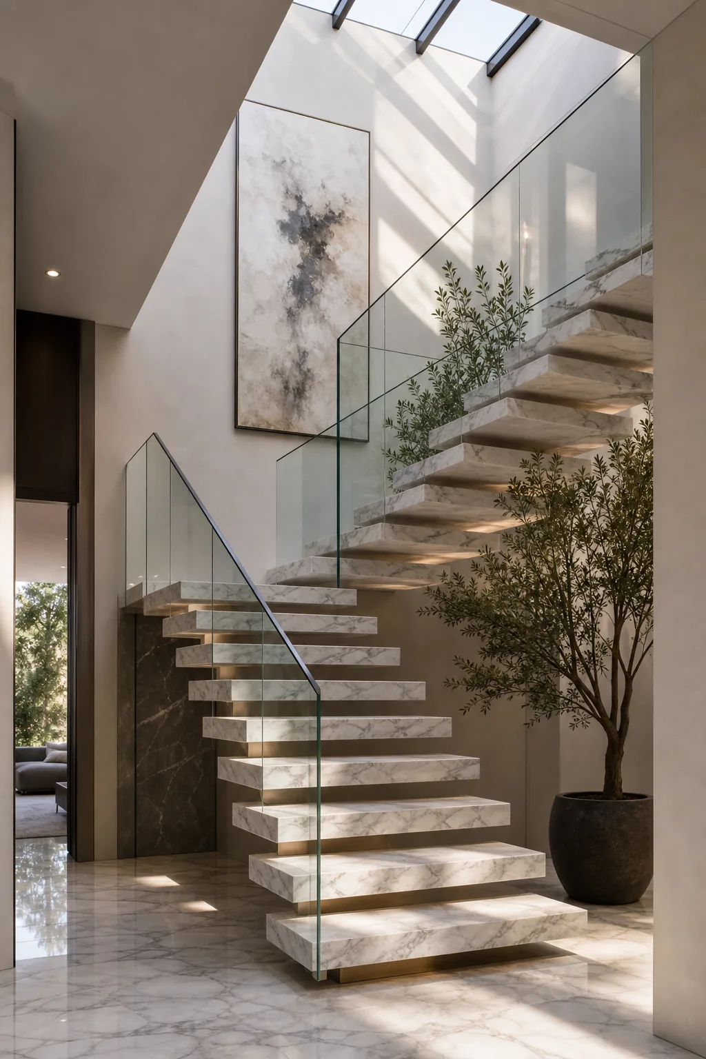 Floating staircase with marble treads and a glass railing
