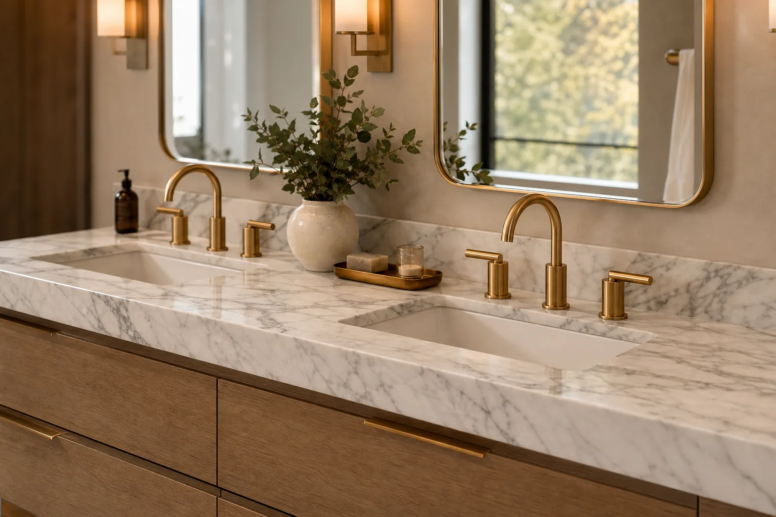 Double bathroom vanity with veined white marble and gold fixtures