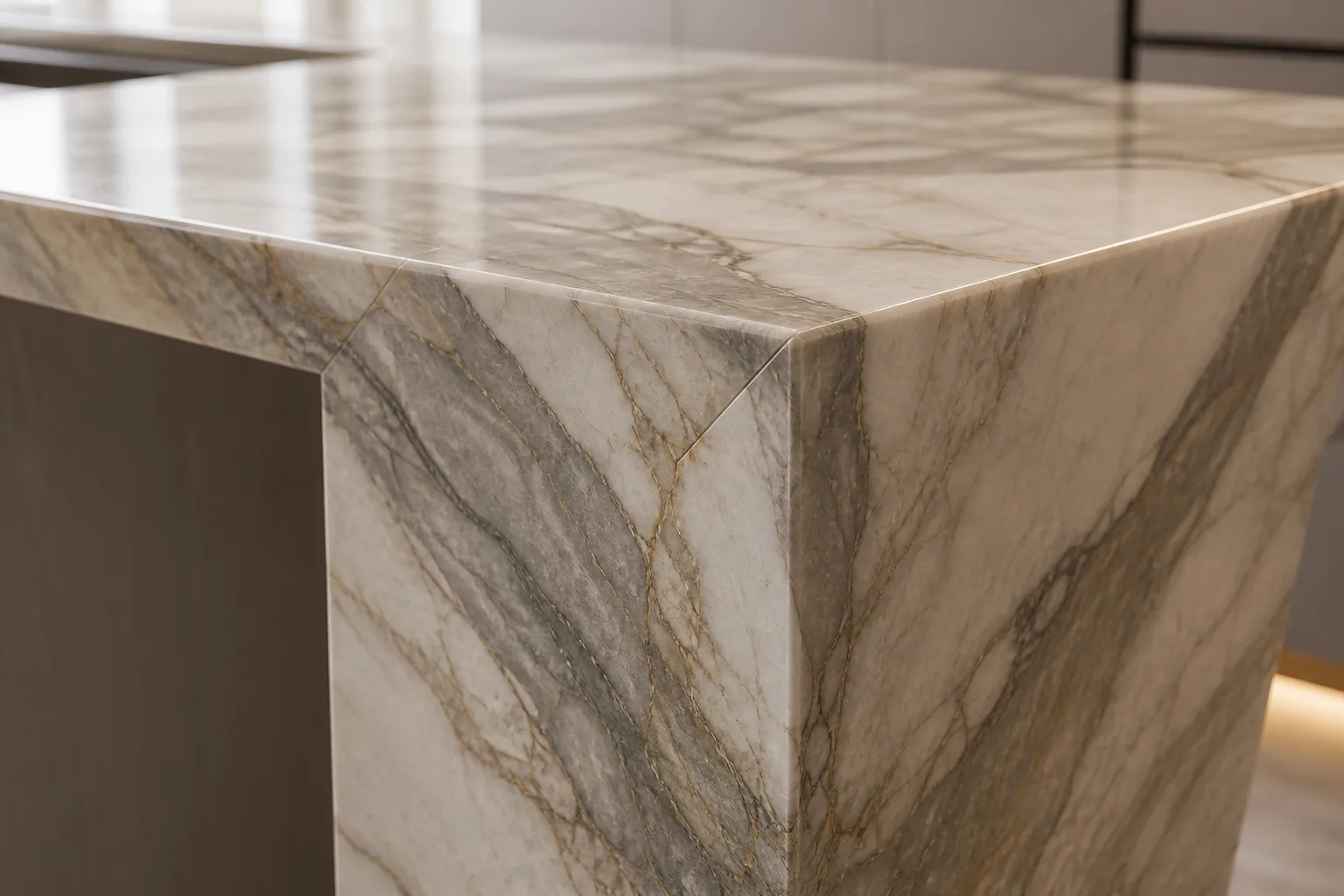 Detail of a mitered waterfall-edge counter with continuous veining