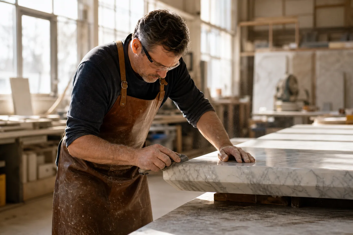 Master fabricator hand-finishing the edge of a marble slab in a workshop