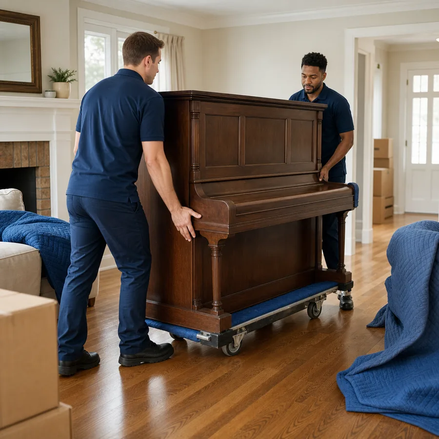 Upright piano in a bright room ready for careful moving