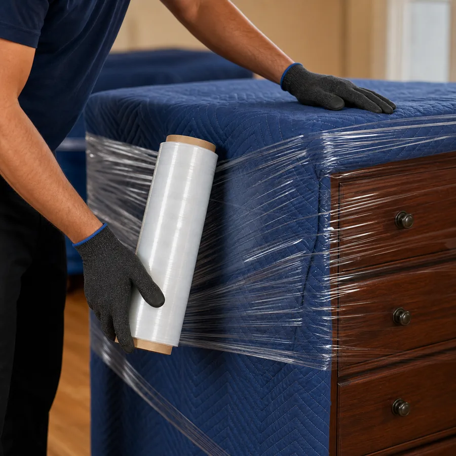 Packed moving boxes and home items prepared for loading