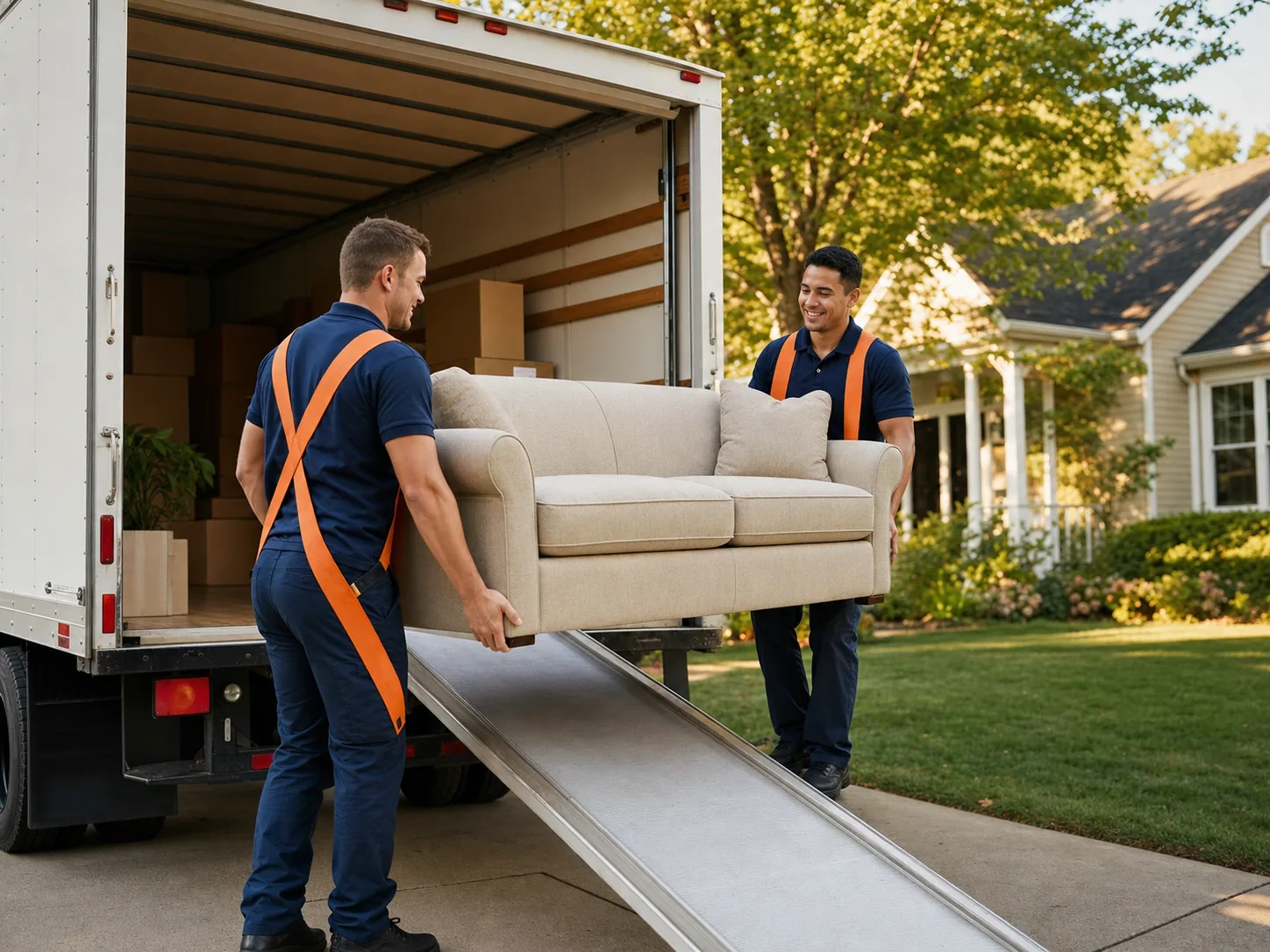 Professional movers carrying a sofa into a home on moving day