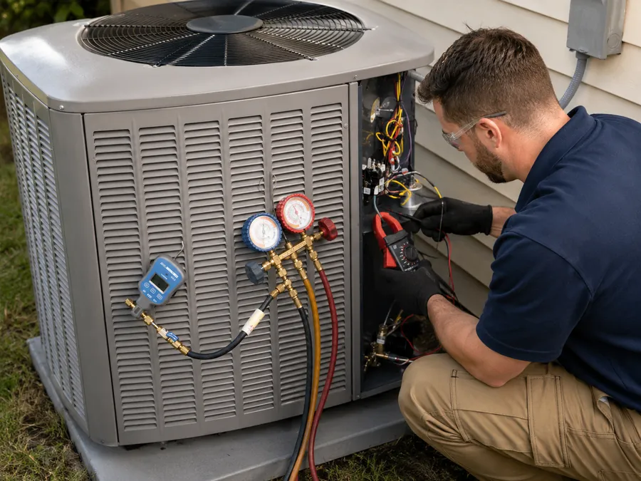 Technician servicing an HVAC unit