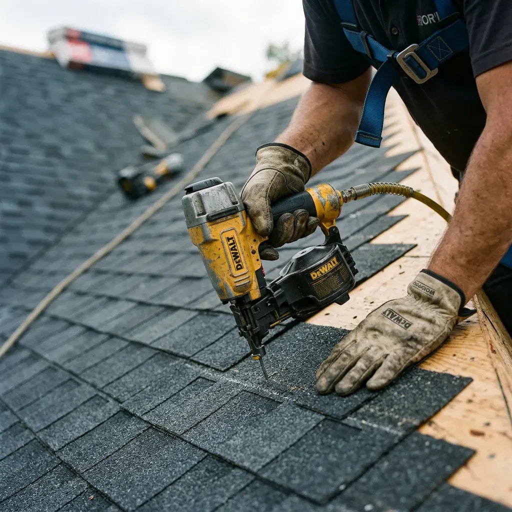 Roofer installing shingles