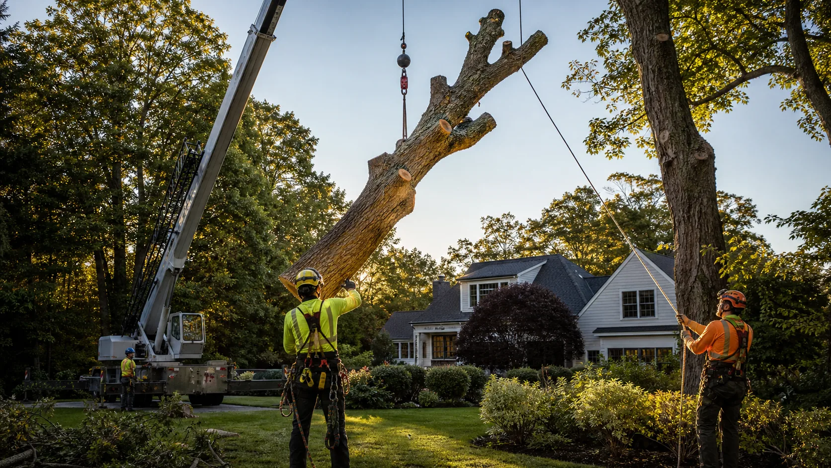 Arborist crew removing a large backyard tree with a crane at golden hour