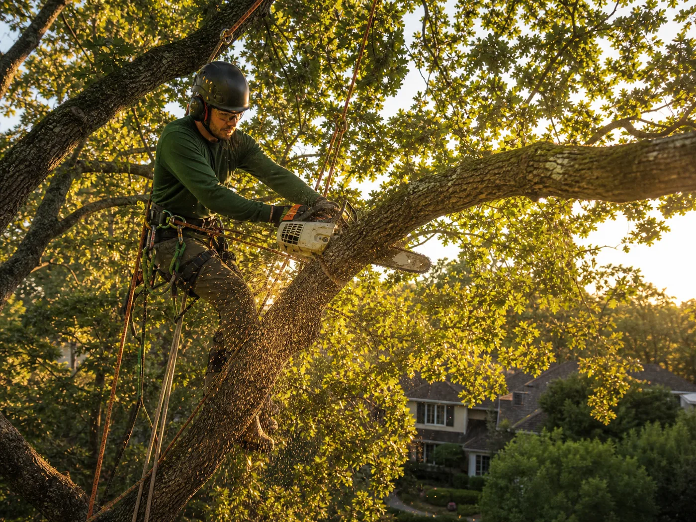Arborist in a harness cutting a large oak limb