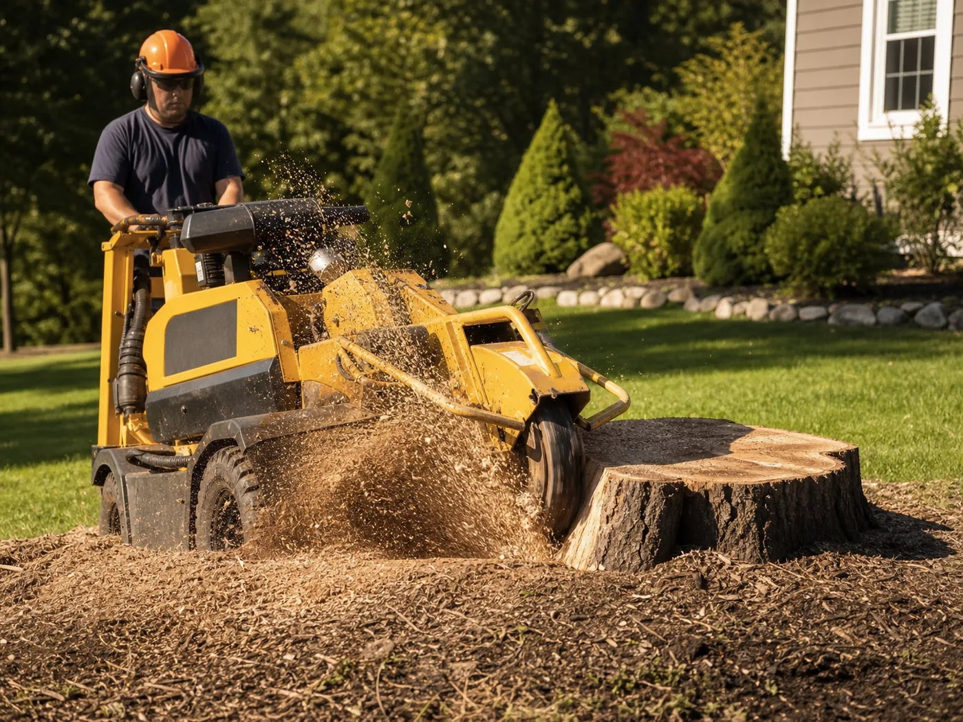 Stump grinder cutting into a large stump with fresh wood chips flying