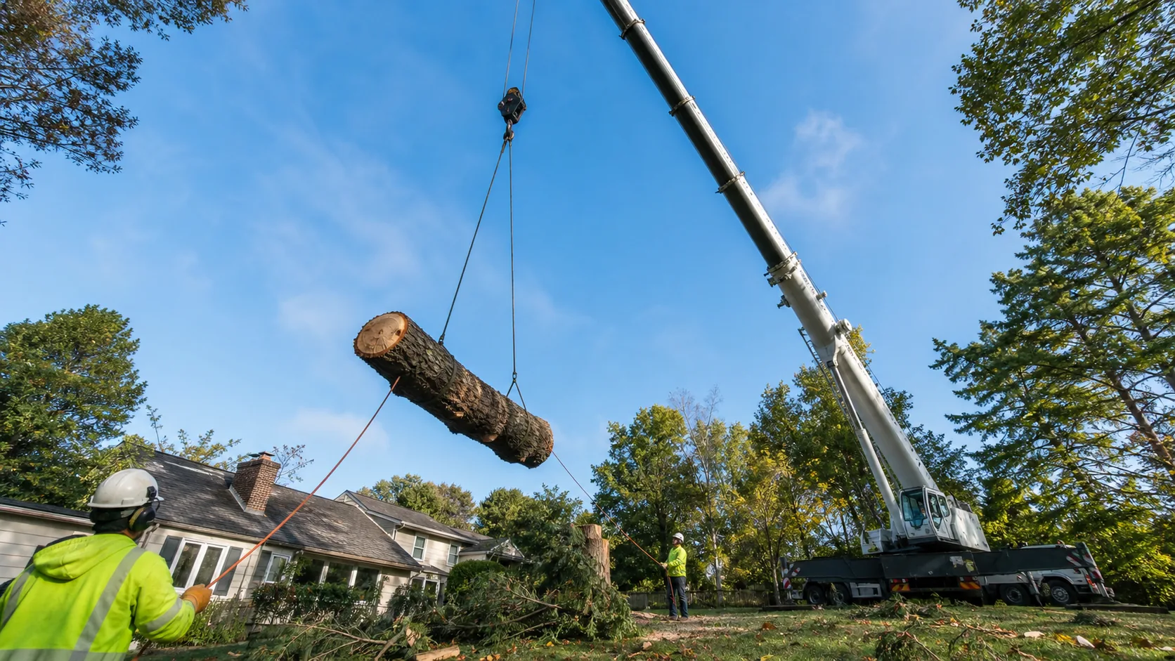 Boom crane lifting a large tree section out of a residential backyard