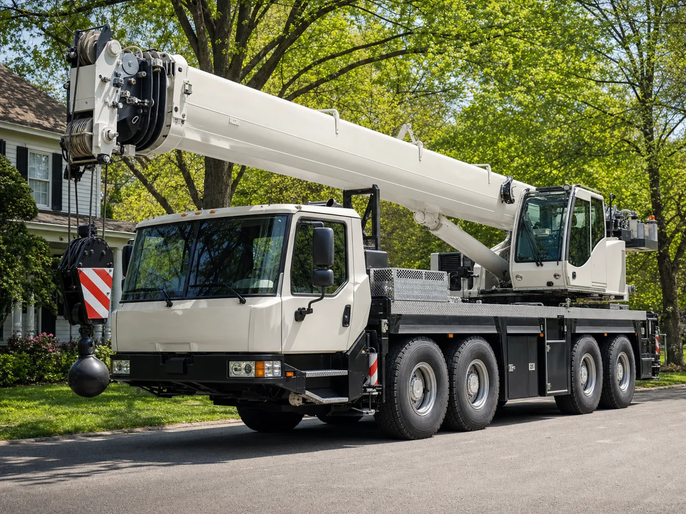 Boom crane truck parked on a residential street