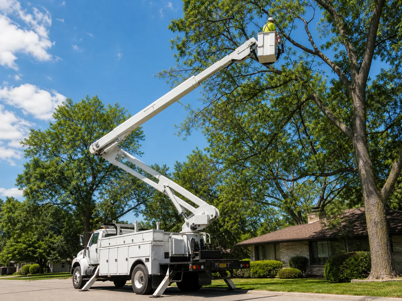Aerial bucket truck extended toward a tree canopy