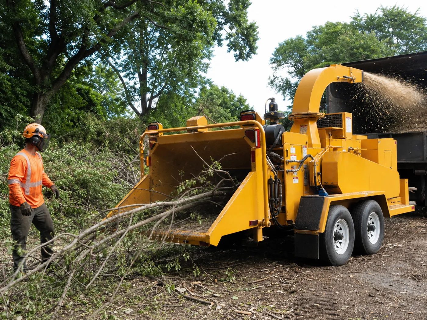 Industrial wood chipper processing branches at a worksite