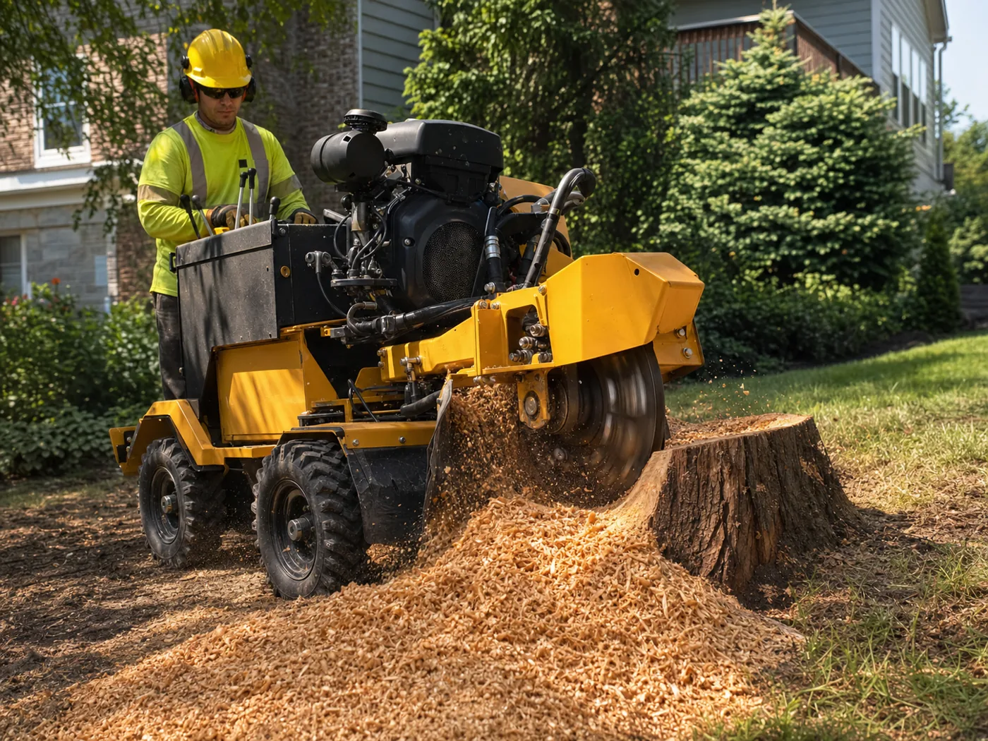 Heavy stump grinder working on a large stump