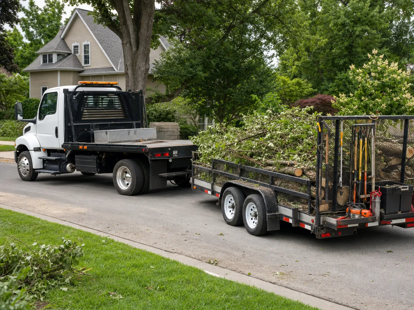 Flatbed truck and brush trailer carrying tree work debris and tools